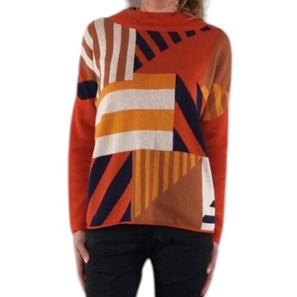 NWT SKFK Karle Organic Cotton Orange Blue Gold Print Knit Sweater Size 12 - Picture 2 of 12